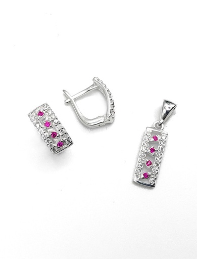 [S0044] Juegos plata rectangular circon fuccia patente