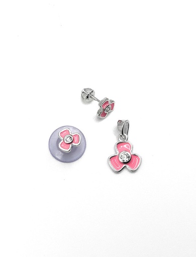 [S0049] Juegos plata flor esmaltada rosada a presion