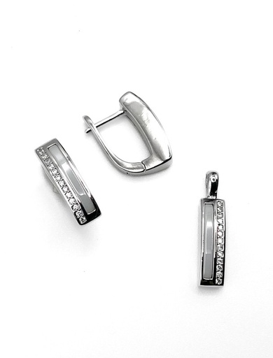 [S0060] Juegos plata rectangular nacar con circon en u patente