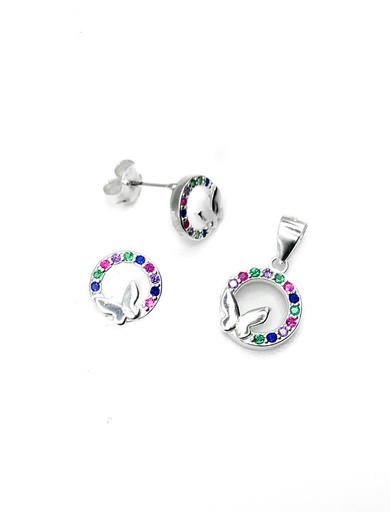 [S0070] Juegos plata redondo piedra multicolor mariposa a presion