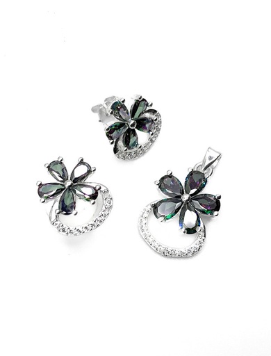 [S0071] Juegos plata flor tornasol con circulo circon a presion