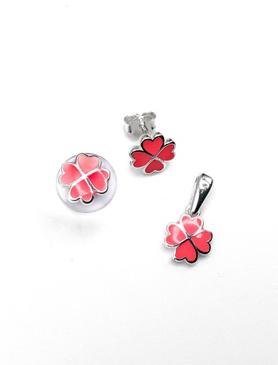 [S0087] Juegos plata trebol esmaltado fuccia a presion