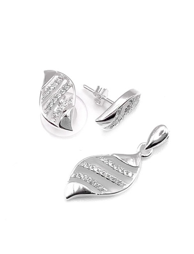 [S0093] Juegos plata tipo hoja liso con circon blanco a presion