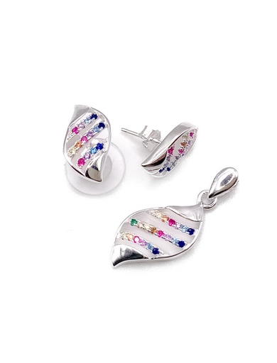 [S0094] Juegos plata tipo hoja liso con circon multicolor a presion