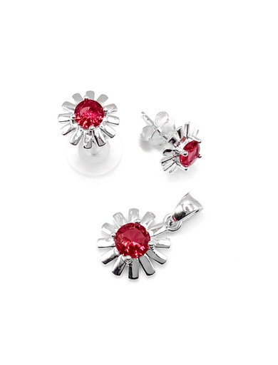 [S0101] Juegos plata flor lisa piedra fuccia a presion