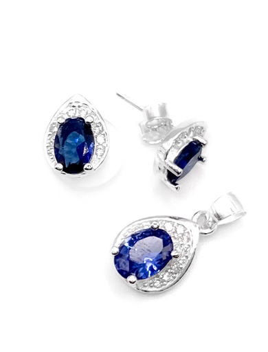 [S0109] Juegos plata ovalado con circon azul a presion