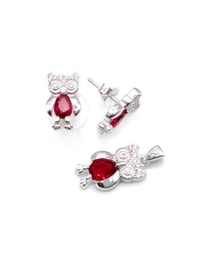 [S0110] Juegos plata buho piedra fuccia a presion