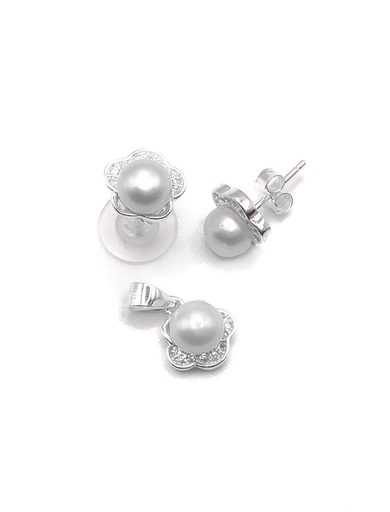 [S0114] Juegos plata flor perla contorno circon a presion