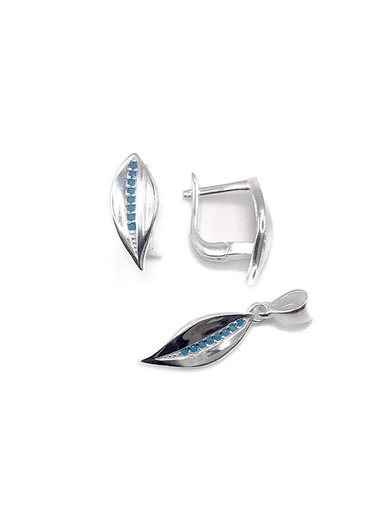 [S0120] Juegos plata hoja lisa centro circon turquesa patente