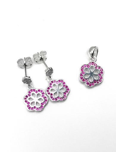 [S0123] Juegos plata flor circon fuccia a presion
