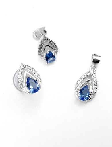 [S0125] Juegos plata gota con circon celeste central a presion