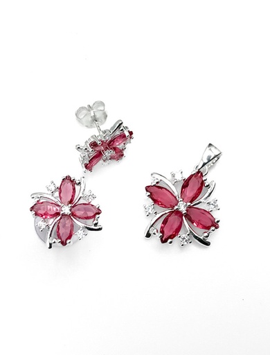 [S0127] Juegos plata flor piedra rosada a presion