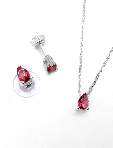 [S0135] Juegos plata collar gota piedra fuccia a presion