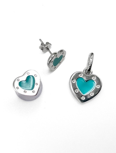 [S0143] Juegos plata corazon esmaltado turquesa a presion
