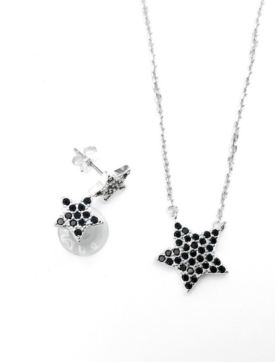 [S0167] Juegos plata collar estrella circon negro a presion