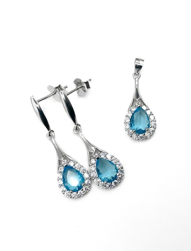 [S0169] Juegos plata gota turquesa contorno circon a presion