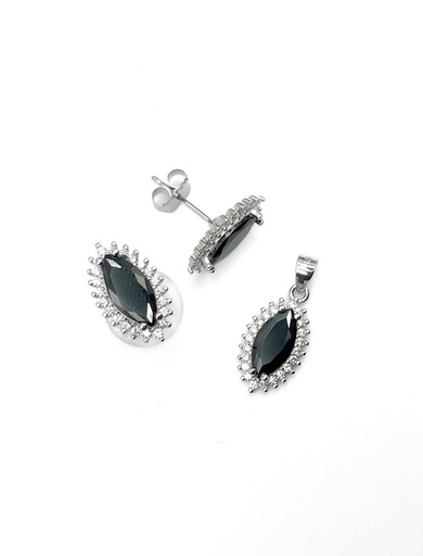 [S0173] Juegos plata piedra ovalada negra contorno circon a presion