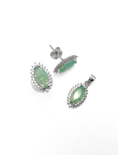 [S0175] Juegos plata piedra ovalada verde contorno circon a presion