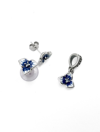 [S0185] Juegos plata flor pensamiento esmaltada azul a presion