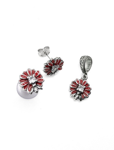[S0193] Juegos plata flor esmaltada roja con mariquita a presion
