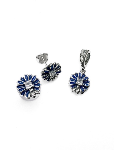 [S0194] Juegos plata flor esmaltada azul con mariquita a presion