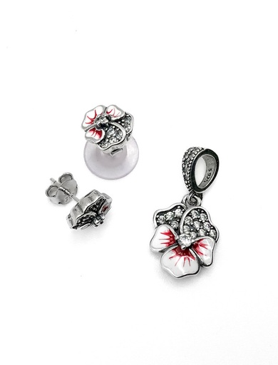 [S0200] Juegos plata flor pensamiento esmaltada roja a presion