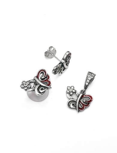 [S0203] Juegos plata mariposa esmaltada roja a presion