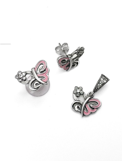 [S0204] Juegos plata mariposa esmaltada rosada a presion