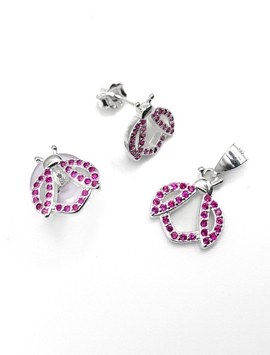 [S0205] Juegos plata mariquita circon fuccia a presion