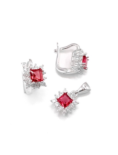 [S0216] Juegos plata cuadrado circon fuccia patente