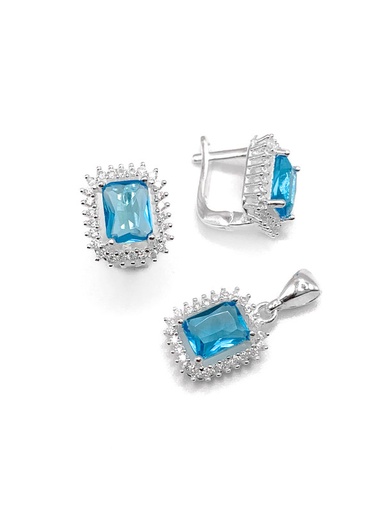 [S0218] Juegos plata cuadrado circon turquesa patente