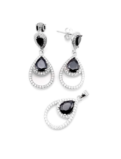 [S0243] Juegos plata doble gota circon negro a presion