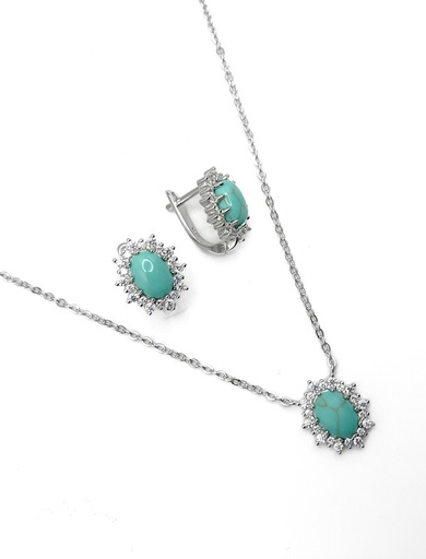 [S0280] Juegos plata ovalado collar piedra turquesita patente