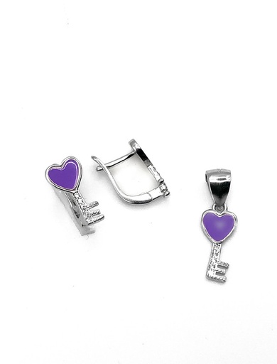 [S0282] Juegos plata llave corazon esmaltado lila circon patente