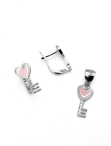 [S0283] Juegos plata llave corazon esmaltado rosado circon patente