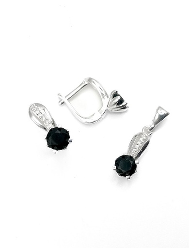 [S0308] Juegos plata redondo circon negro tira ovalada patente