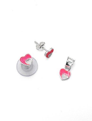 [S0322] Juegos plata corazon esmaltado fuccia a presion