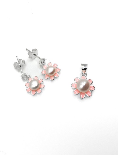 [S0336] Juegos plata flor petalos rosados perla central a presion