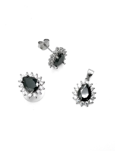 [S0348] Juegos plata gota puntas circon negro a presion