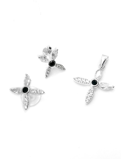 [S0352] Juegos plata cruz circon negro central a presion