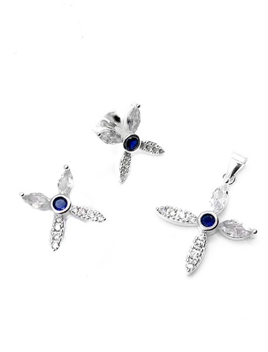 [S0353] Juegos plata cruz circon azul central a presion