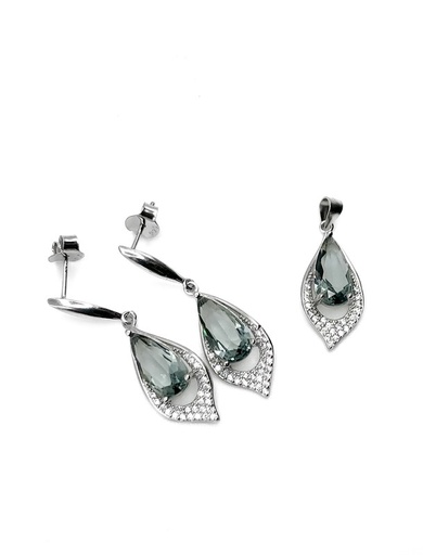 [S0362] Juegos plata gota gris punta circon largo a presion