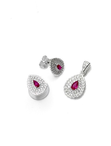 [S0373] Juegos plata gota enjoye circon fuccia central a presion