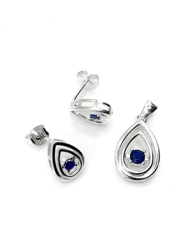 [S0375] Juegos plata gota doble circon azul central a presion