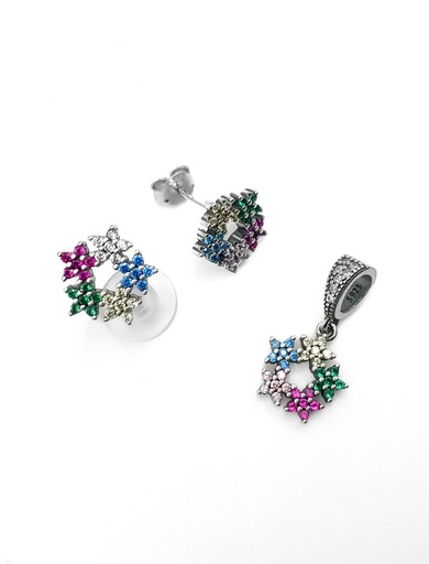 [S0394] Juegos plata pentagono flores multicolor a presion