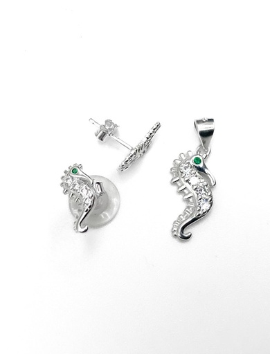 [S0399] Juegos plata caballo de mar circon verde a presion