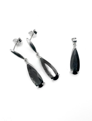 [S0409] Juegos plata piedra gota negro largo con aza