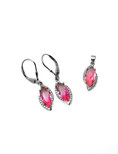 [S0411] Juegos plata piedra rombo fuccia largo con aza