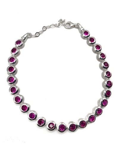 [B0003] Pulseras plata círculos piedra fucsia