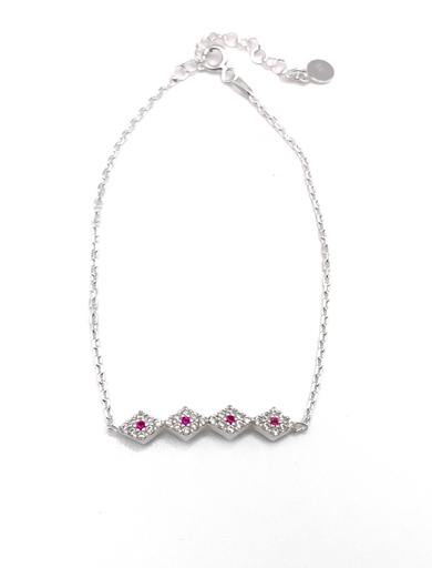 [B0104] Pulseras plata rombos pequeños unidos Blancos y fucsia 